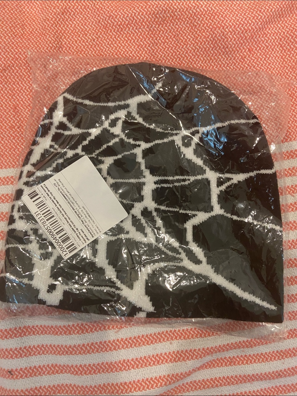 Black and White Spiderweb Patterned Knit Beanie